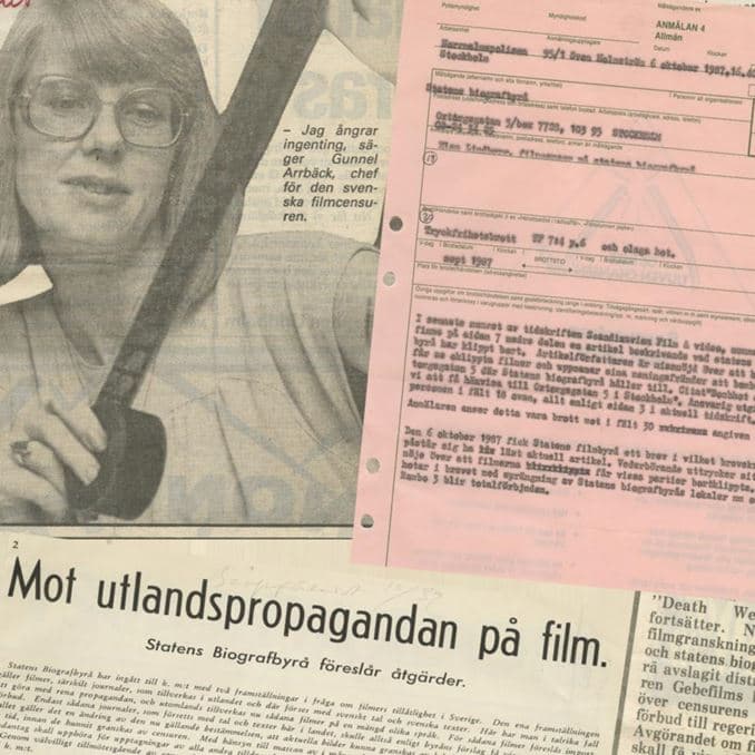 Collage med arkivhandlingar och tidningsklipp där en person håller upp en filmrulle.